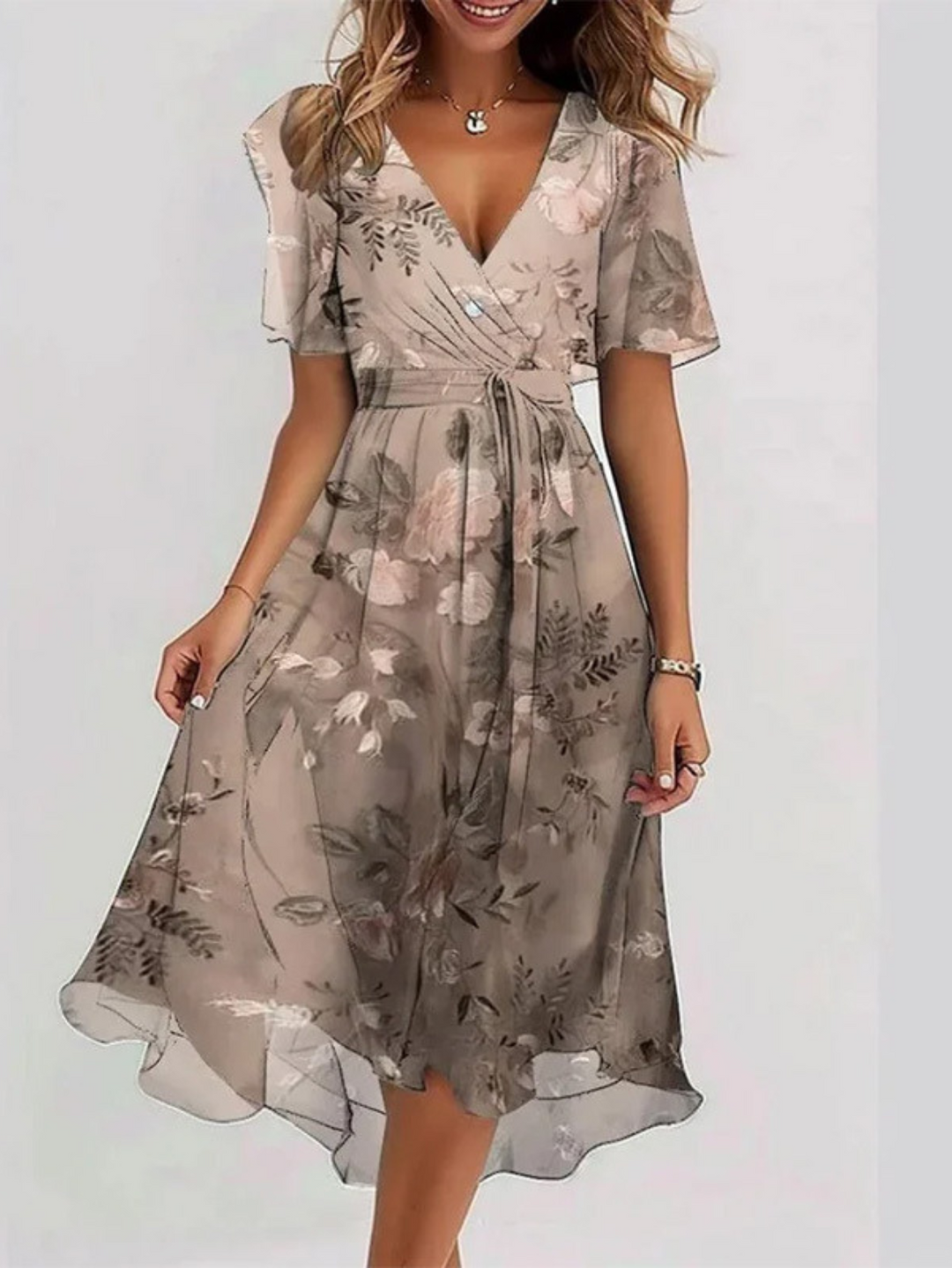 Chic women's summer midi dress with stylish belly cover, perfect for a flattering and comfortable fit.