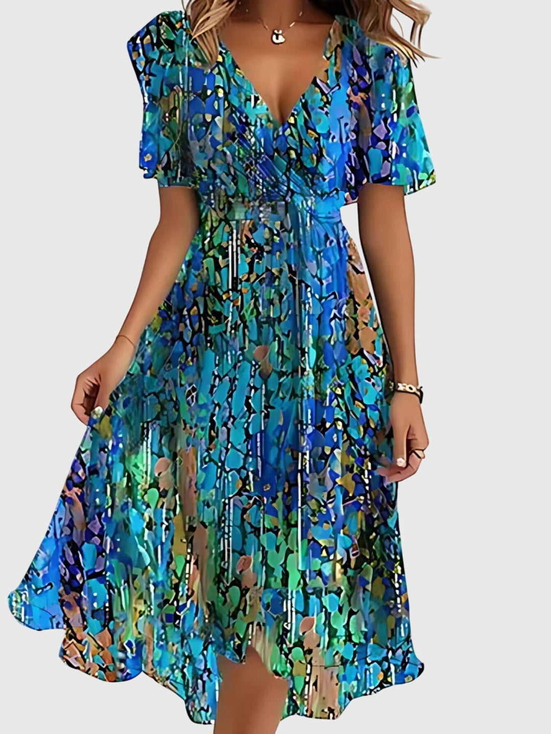 Comfortable women's summer dress with flattering belly cover; a versatile and chic midi for warm weather.