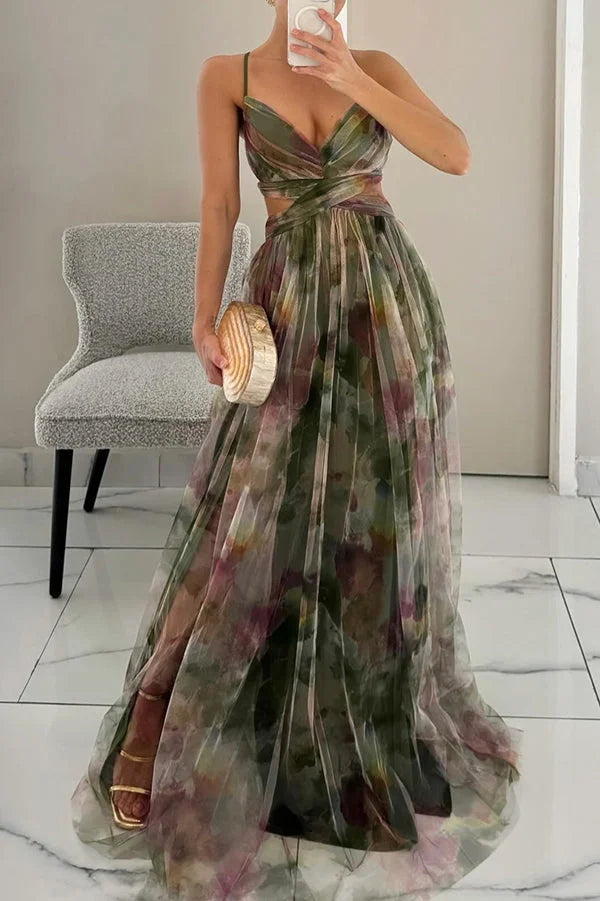 Model wearing a women's chic textured layered maxi dress, highlighting its graceful flow & elegant silhouette.