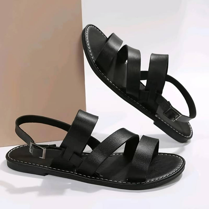 Versatile women's three-strap summer sandals, flat and comfortable for casual, warm weather everyday wear.