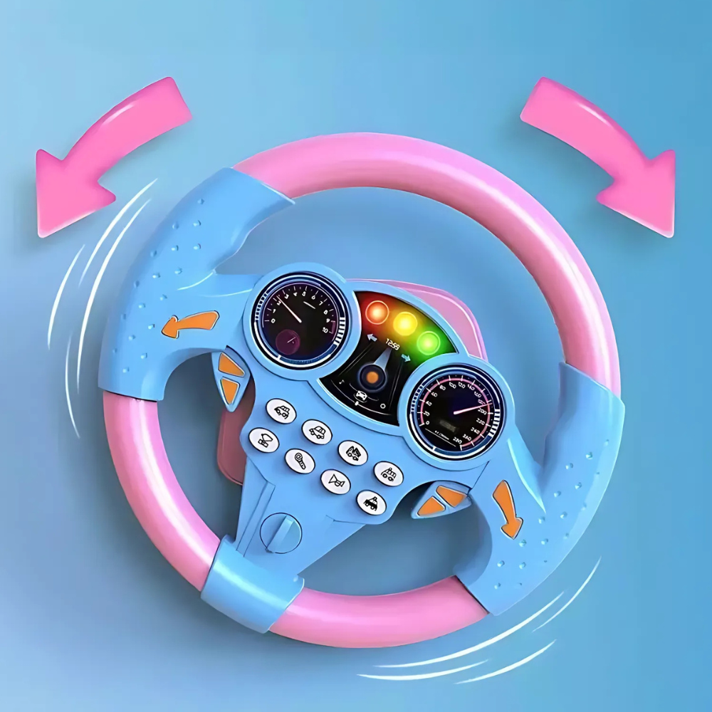 Toddler car seat toy: interactive electric steering wheel with lights, music, & sounds for baby driving fun.