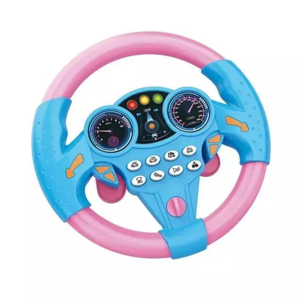 Vibrant child's electric steering wheel toy with sturdy suction cup, promoting interactive pretend play & learning.