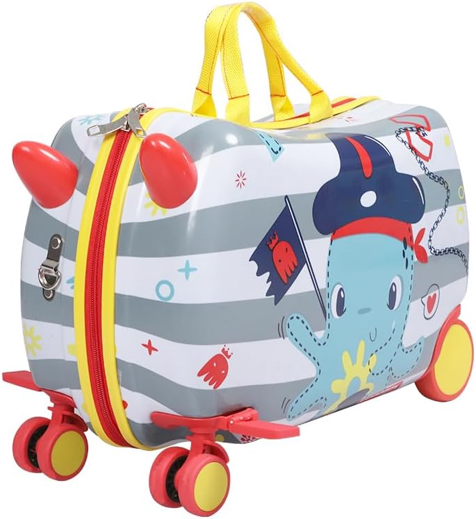 Children's 2-in-1 ride-on scooter suitcase with playful octopus pattern, perfect for airport travel.