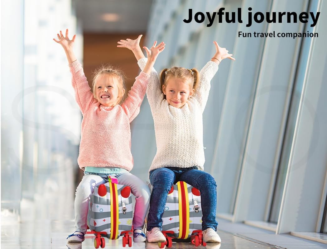 Kids' 2-in-1 ride-on scooter carry-on suitcase, playful octopus pattern, 360° wheels for airport travel fun.