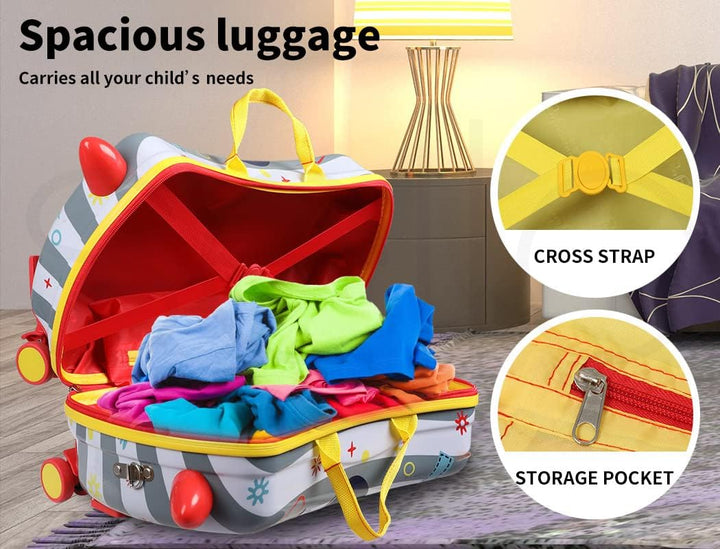 Kids' ride-on scooter suitcase with 360° wheels and a fun octopus design, making travel easy.