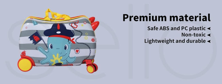 Childrens luggage: 2-in-1 ride-on scooter suitcase, carry-on with 360° wheels, fun octopus pattern.