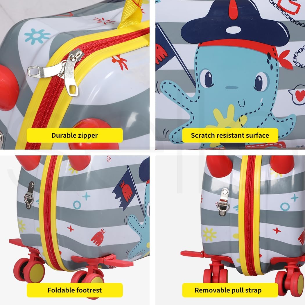 Young traveler riding a 2-in-1 scooter carry-on suitcase with an octopus design, making airport travel fun.