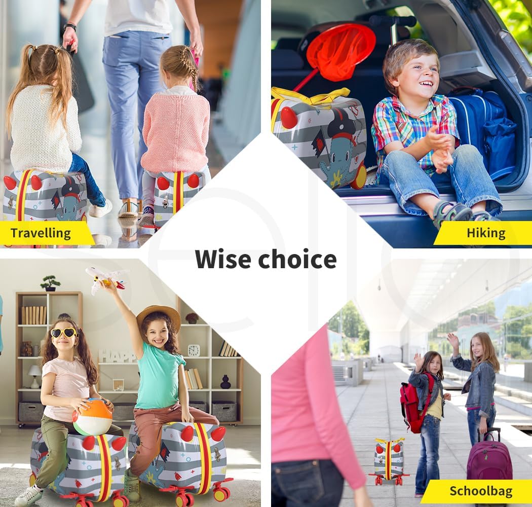 Durable children's ride-on scooter suitcase, vibrant octopus pattern, 360° wheels for smooth movement.