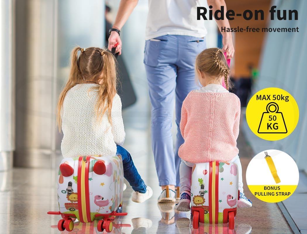 Kids' scooter suitcase with an octopus design, doubles as a ride-on toy, 360° wheels for easy travel.