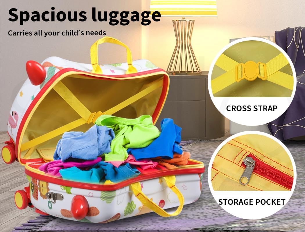 Children's carry-on luggage with integrated scooter, fun octopus pattern, perfect for airport and kids travel.
