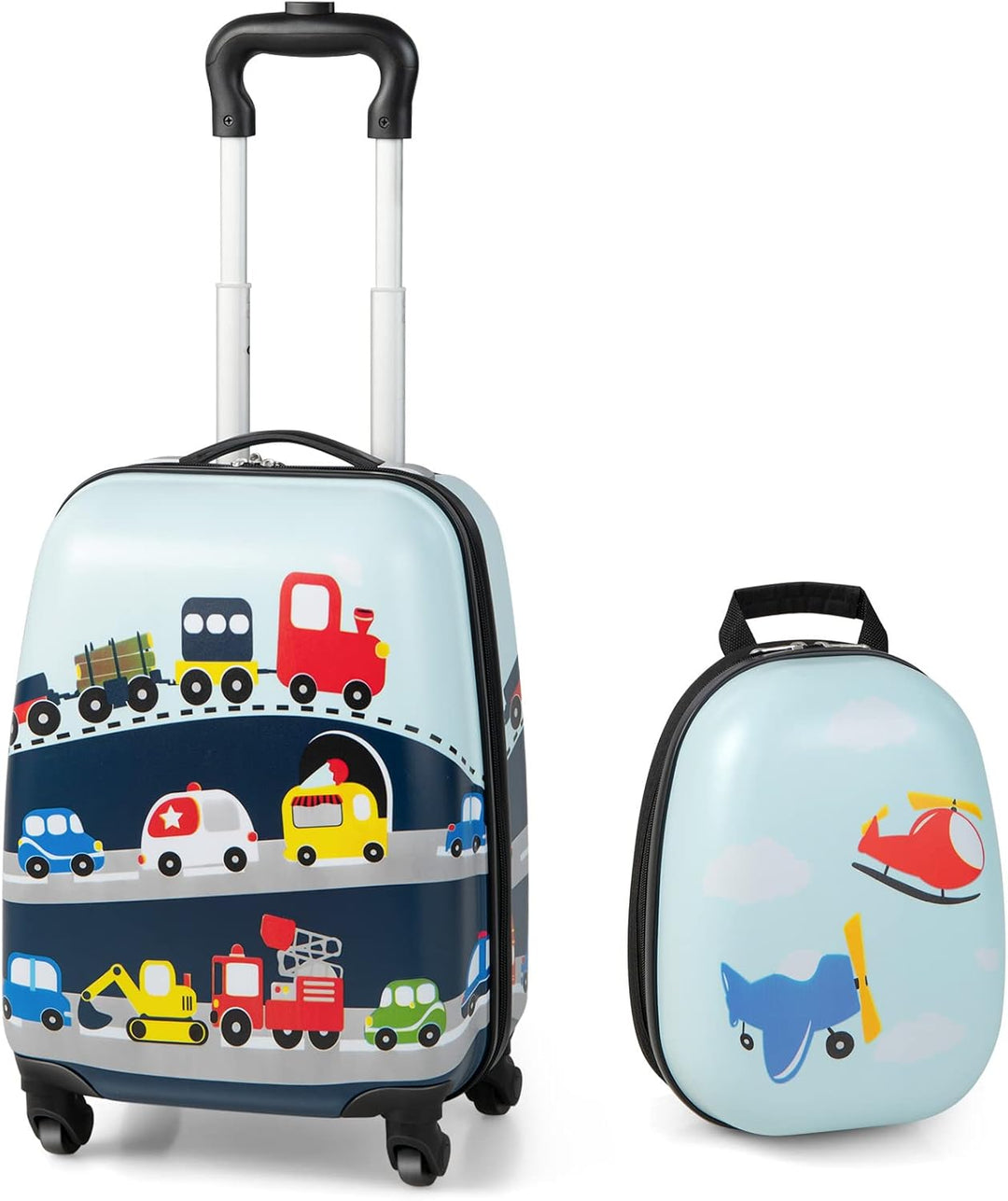 Children's 2-piece helicopter hard-shell luggage set with rolling suitcase & backpack, perfect for travel.