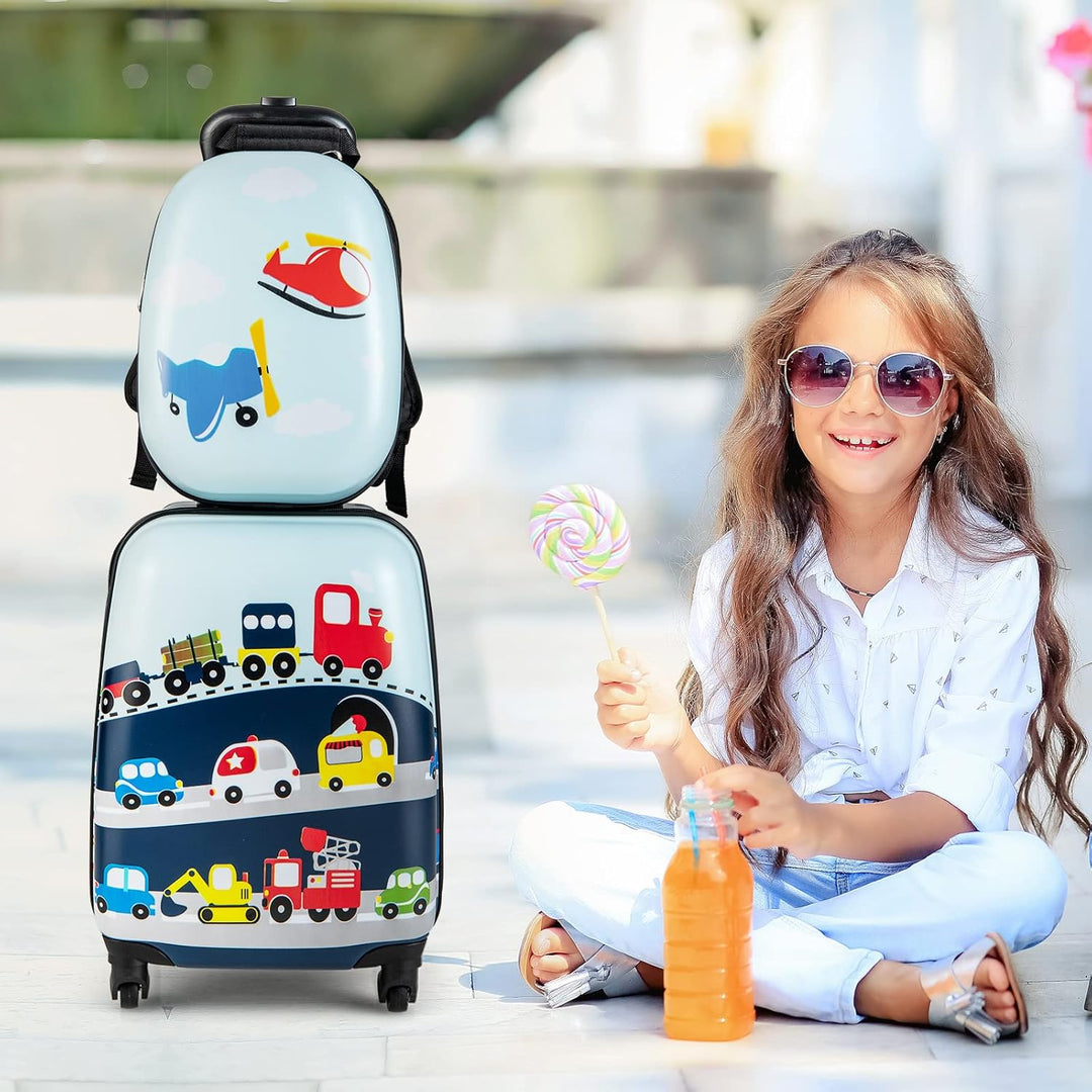 Cute helicopter design kids' 2-piece hard-shell travel luggage set with rolling suitcase and matching backpack.