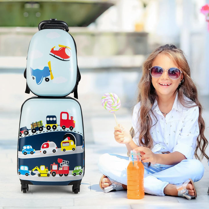 Cute helicopter design kids' 2-piece hard-shell travel luggage set with rolling suitcase and matching backpack.