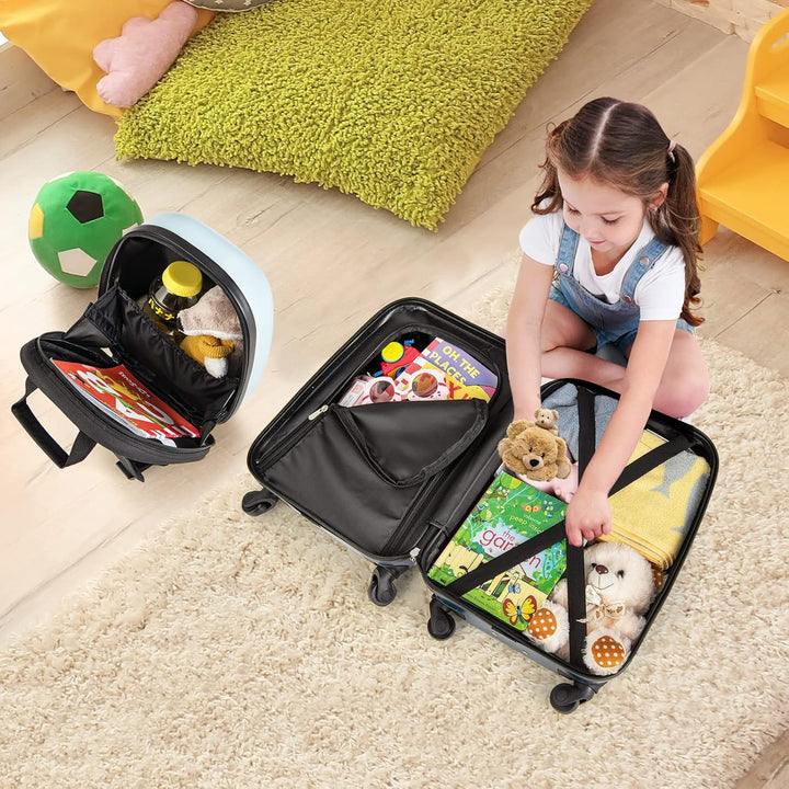 Kids' hard-shell helicopter rolling luggage and backpack set with 360° spinner wheels for smooth travel.