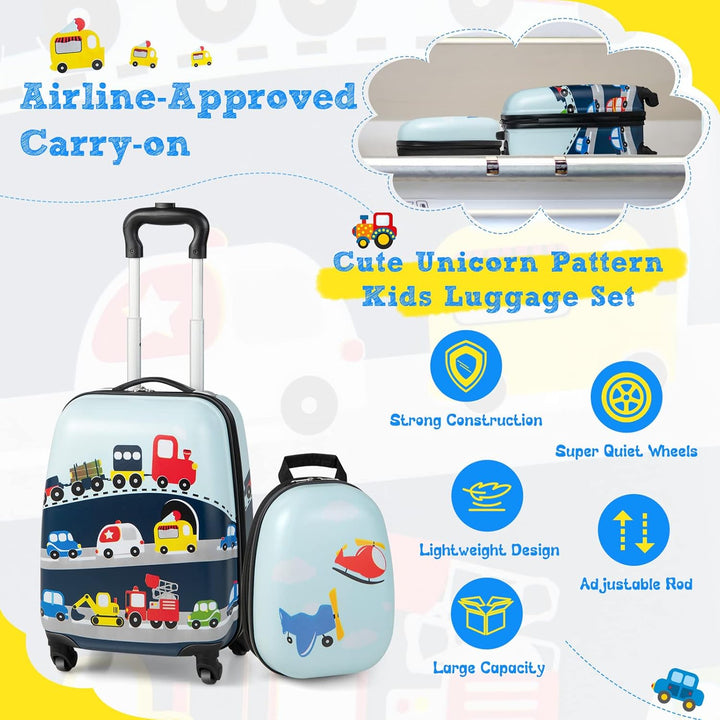 Toddler's 2-piece helicopter hard-shell luggage set; includes rolling suitcase & matching backpack.