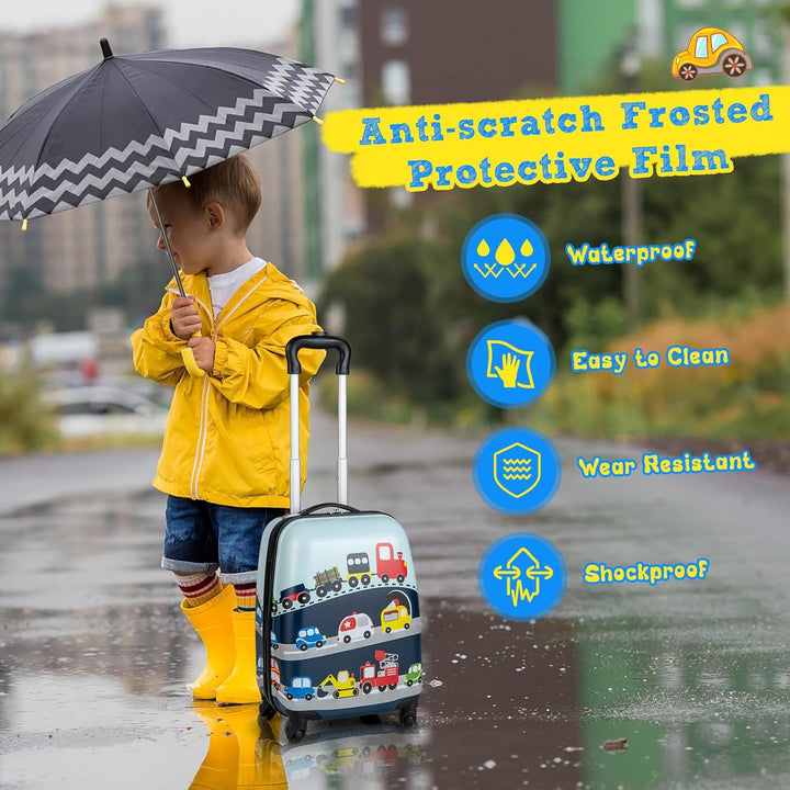 Durable children's hard-shell helicopter rolling luggage with 360° spinner wheels, part of a travel set.