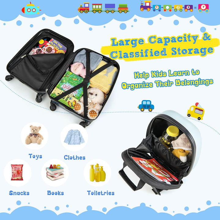 Helicopter print kids' hard-shell backpack & rolling luggage, a fun 2-piece travel set for children.
