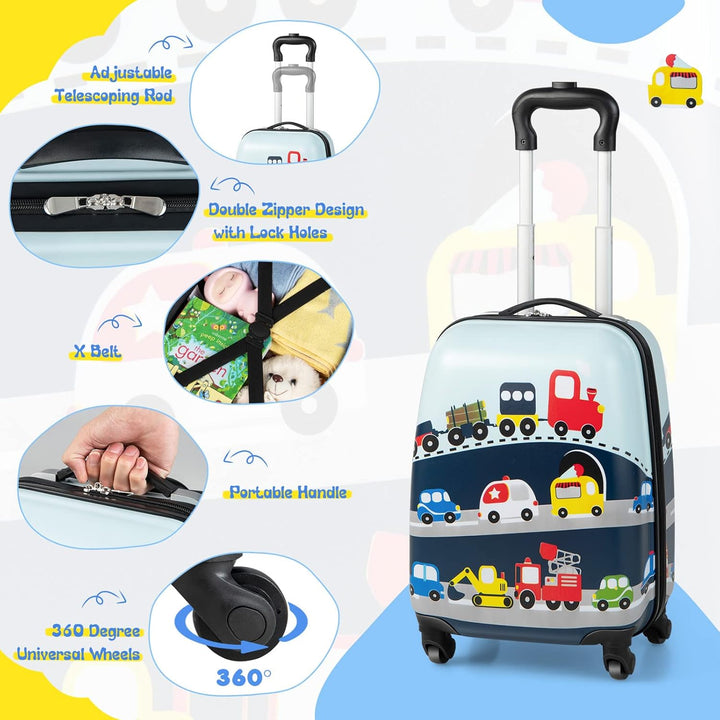 Bright helicopter children's 2-piece hard-shell travel bags: rolling luggage and a matching backpack.