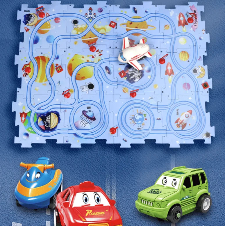 A group of children collaborating to build a complex track car play set