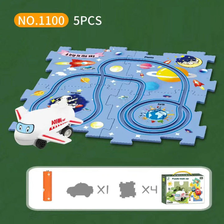 Top-down view of a completed track car play set layout, colorful & engaging for kids