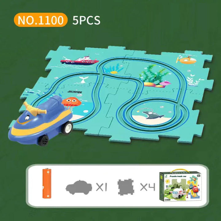 Parents and child playing together with the interactive track car educational toy