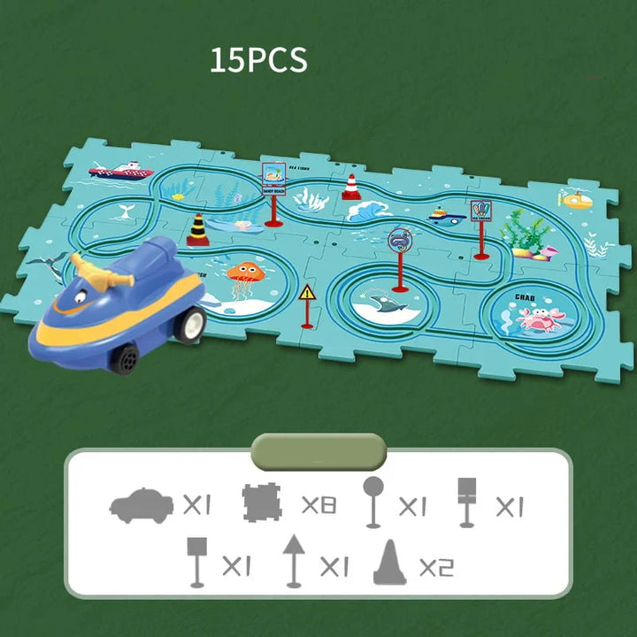 Gift-wrapped children's educational track car play set, perfect for birthdays