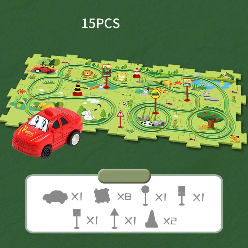 Educational track car play set box with product images, suitable for ages 3+
