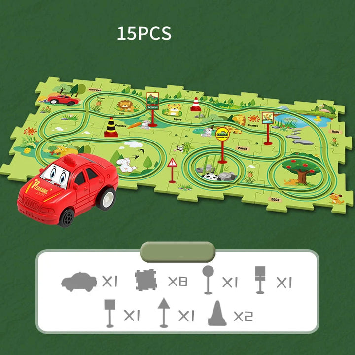 Educational track car play set box with product images, suitable for ages 3+