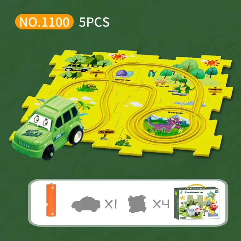 Interactive track car play set promoting creativity and spatial reasoning in children