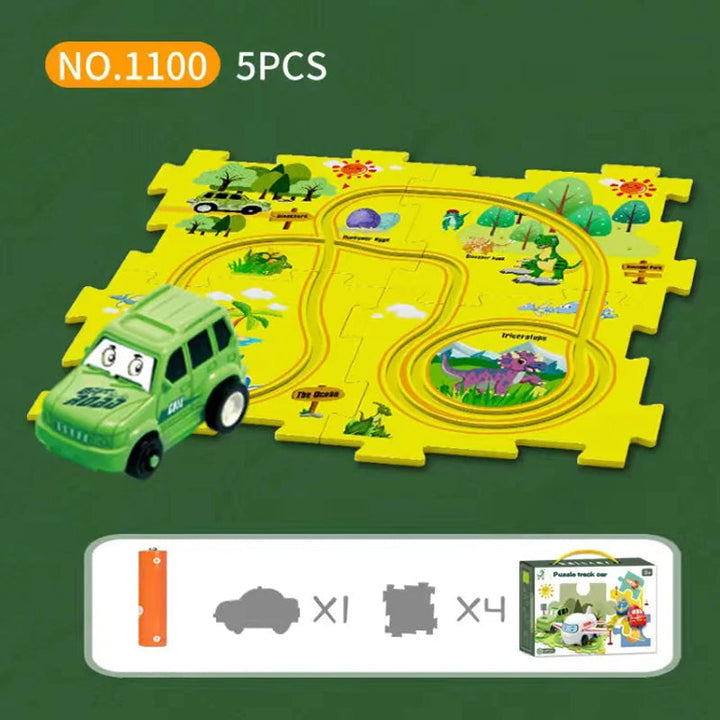 Interactive track car play set promoting creativity and spatial reasoning in children