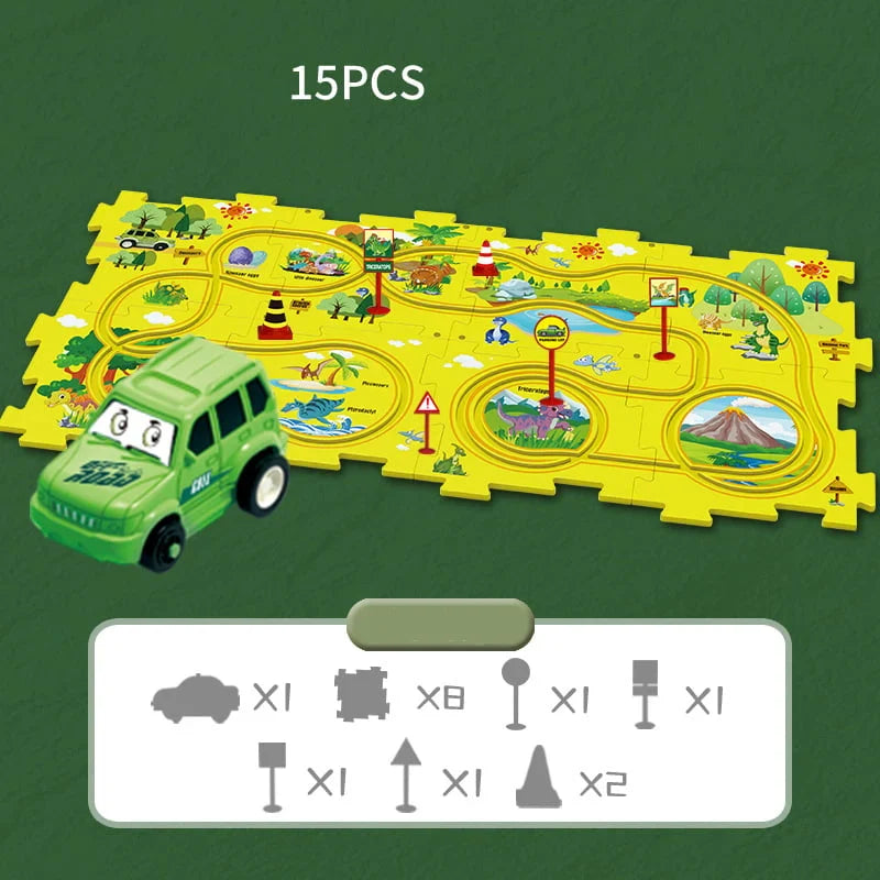 A track car about to navigate a curve on the educational play set, dynamic toy action