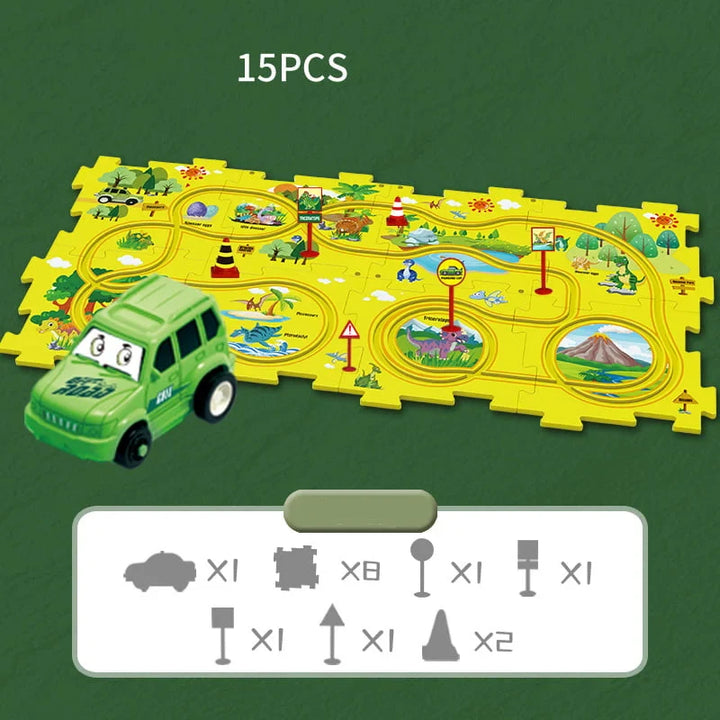 A track car about to navigate a curve on the educational play set, dynamic toy action