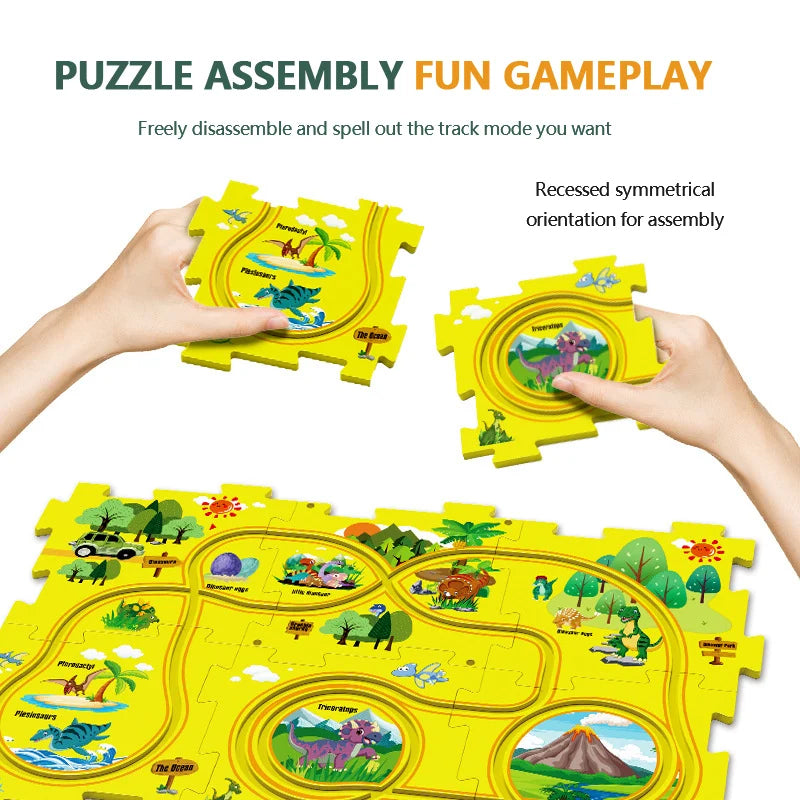 Educational building set for kids with connecting track pieces and a motorized track car