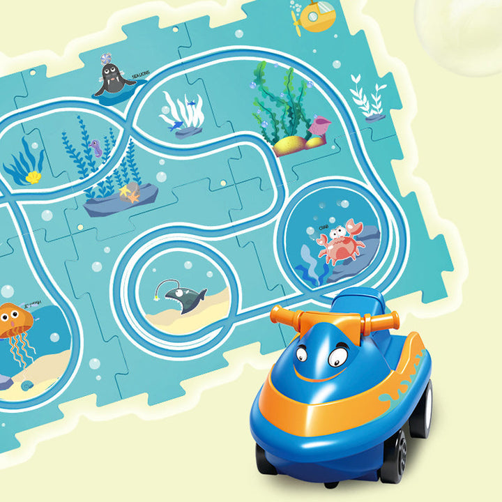 Children laughing while playing with their new track car educational building set