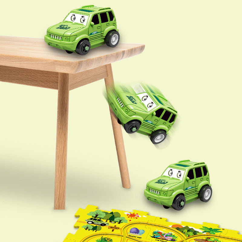 Overview of a fully assembled children's track car play set with multiple cars on the track