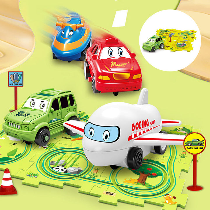 Colorful track pieces from the children's educational play set, ready for assembly