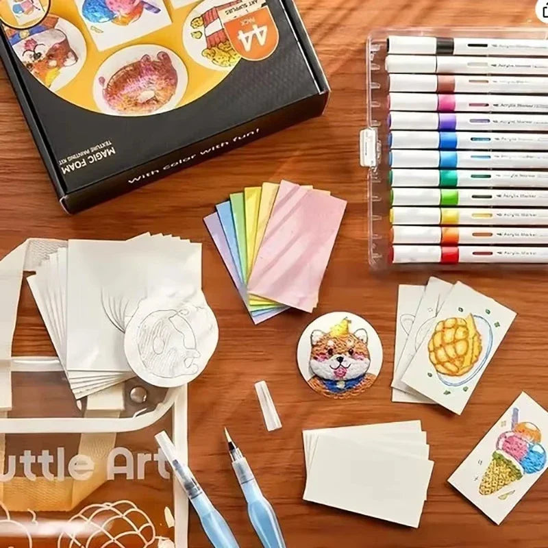Child's hands creating vibrant foam art with a sensory craft kit, featuring Artifoam for creative play.