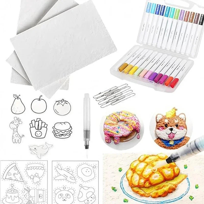 Assortment of colorful Artifoam sheets, craft tools, & accessories from a non-toxic kids' sensory art supply kit.