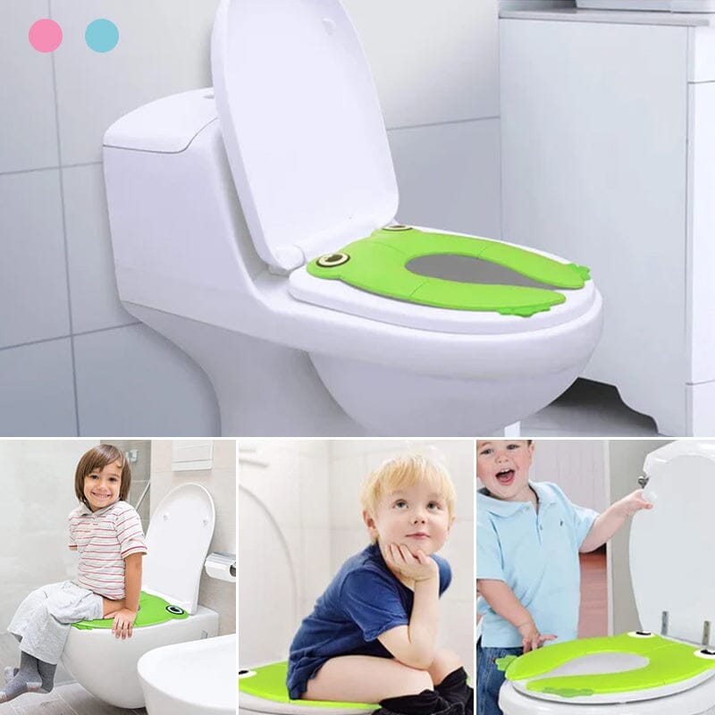 Toddler using a white children's folding portable potty seat on a standard toilet, potty training aid