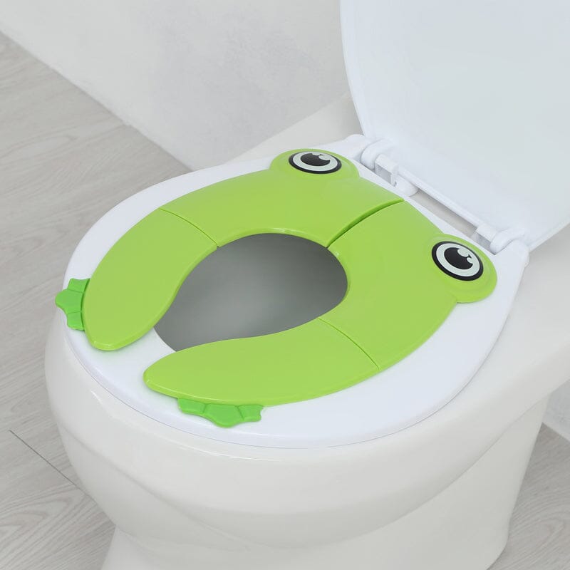Diagram illustrating the simple 2-step folding mechanism of a children's portable potty seat
