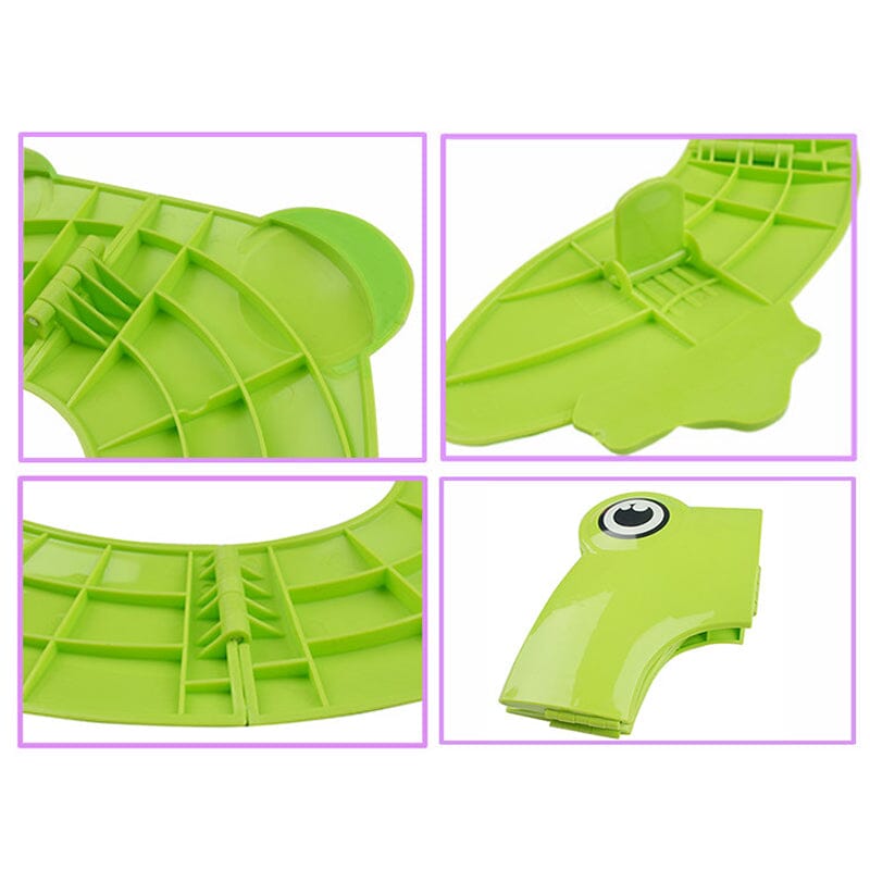 Side view of a children's folding portable potty seat showing its sturdy construction and hinges