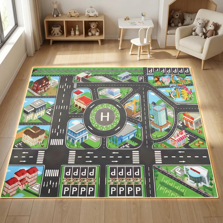 Children's interactive city play mat with roads, buildings, and parks, perfect for toy cars and imaginative play.