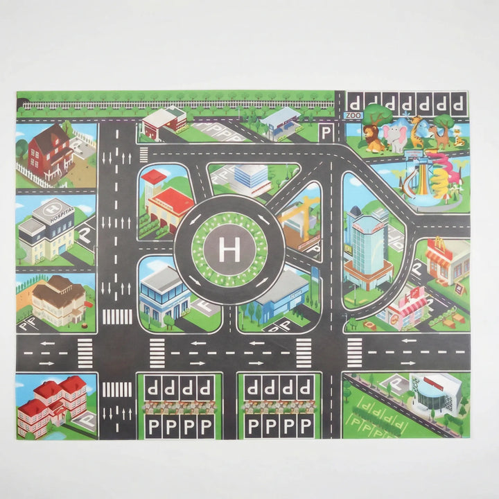 Kids' educational city activity mat, featuring a vibrant urban landscape for toddlers to explore with toy cars.