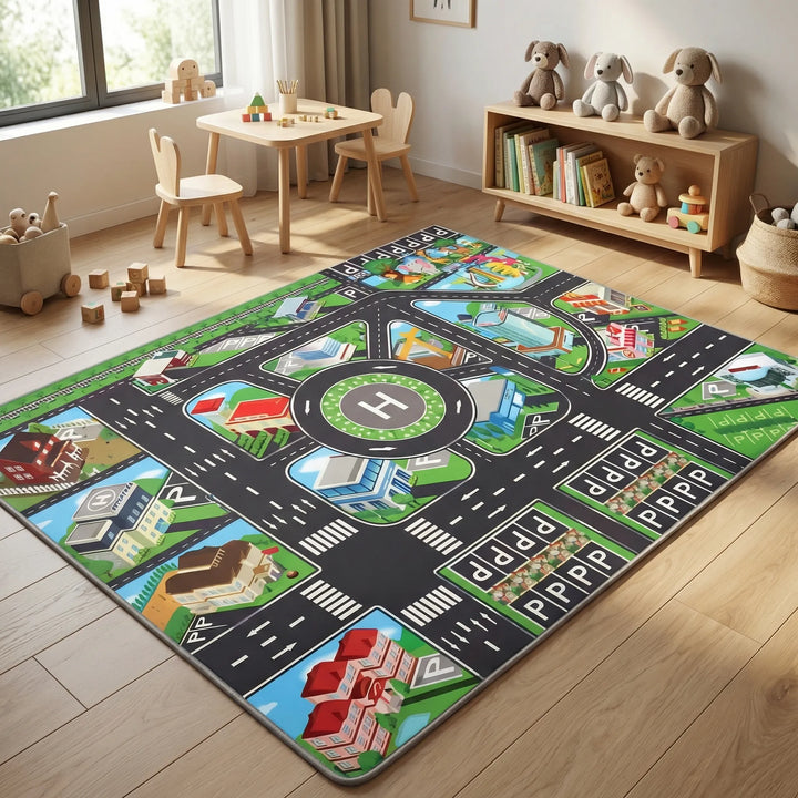 Fun interactive city playmat for kids, with detailed roads and sites for hours of creative toy car adventures.