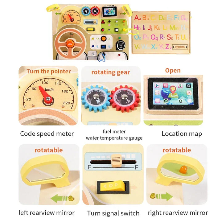 Wooden TinkerBoard for sensory play and cognitive development in young children.