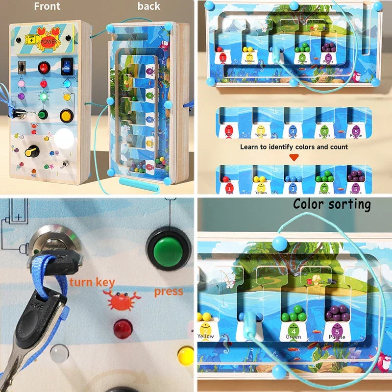 Educational busy board toy with various activities, ideal for toddler learning.
