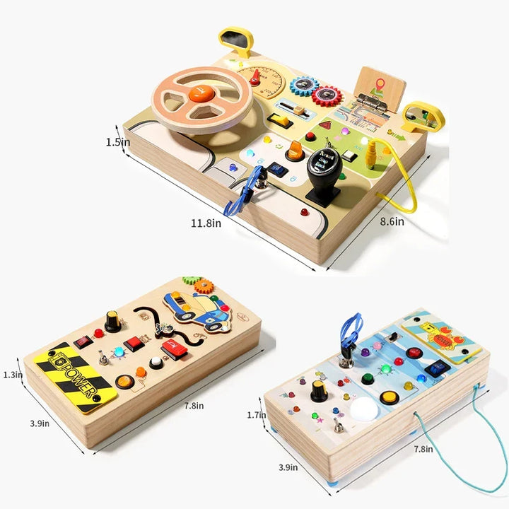 Interactive learning activity board featuring latches, gears, and zippers for kids.