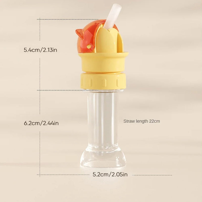 Blue straw lid attached to a child's water bottle, ready for easy and quick hydration access.