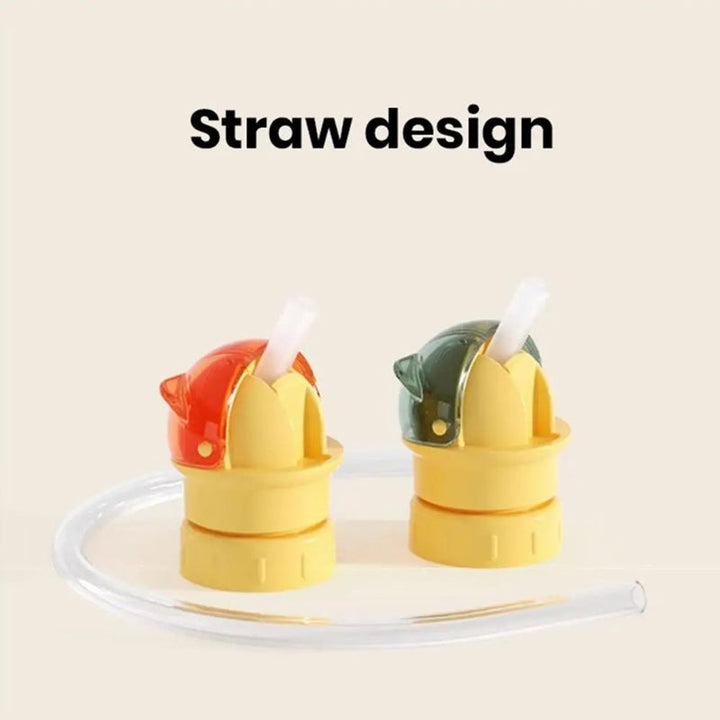 Close-up of a child's water bottle straw lid, showing the flip-top design for hygiene.