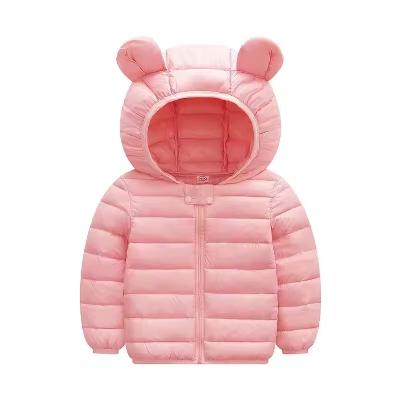 Children's waterproof down-style rain jacket with a fun cartoon design. Perfect for autumn outdoor play.
